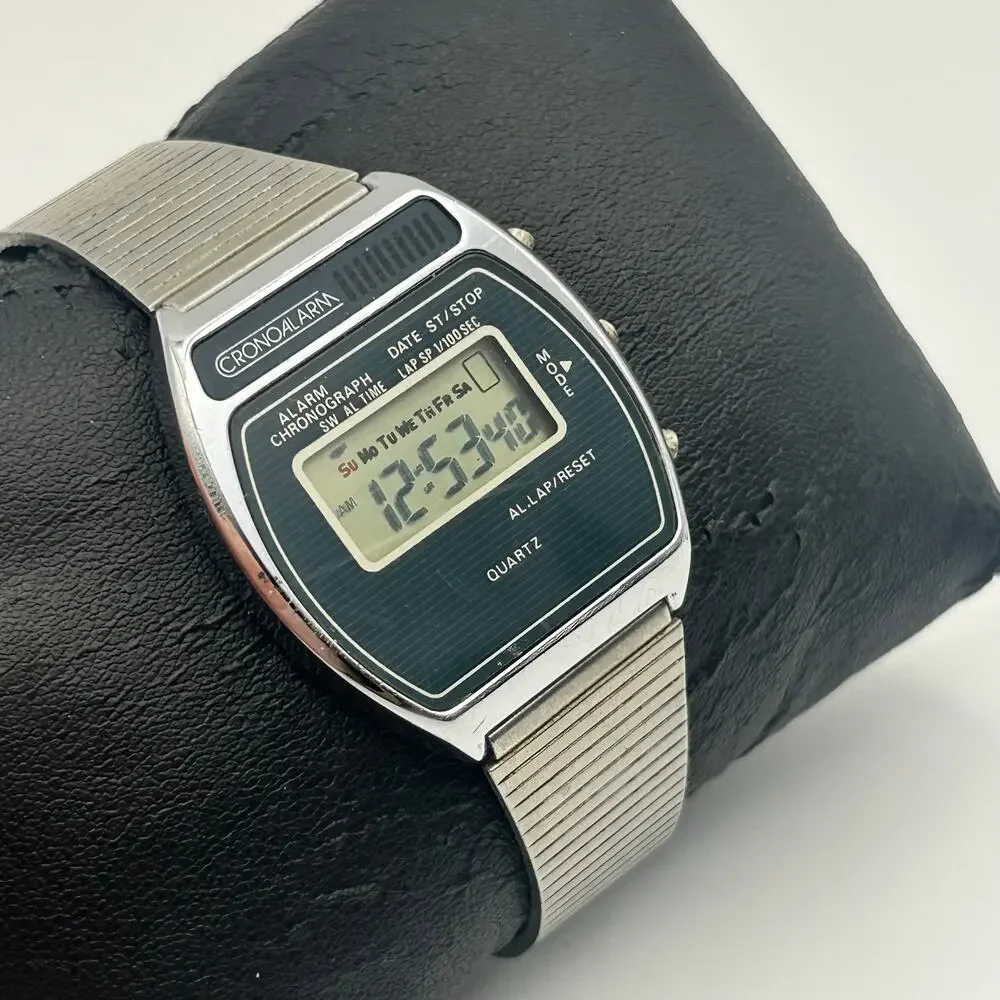 Vintage 1980s Cronoalarm Silver St. Steel Digital Quartz Watch New Battery